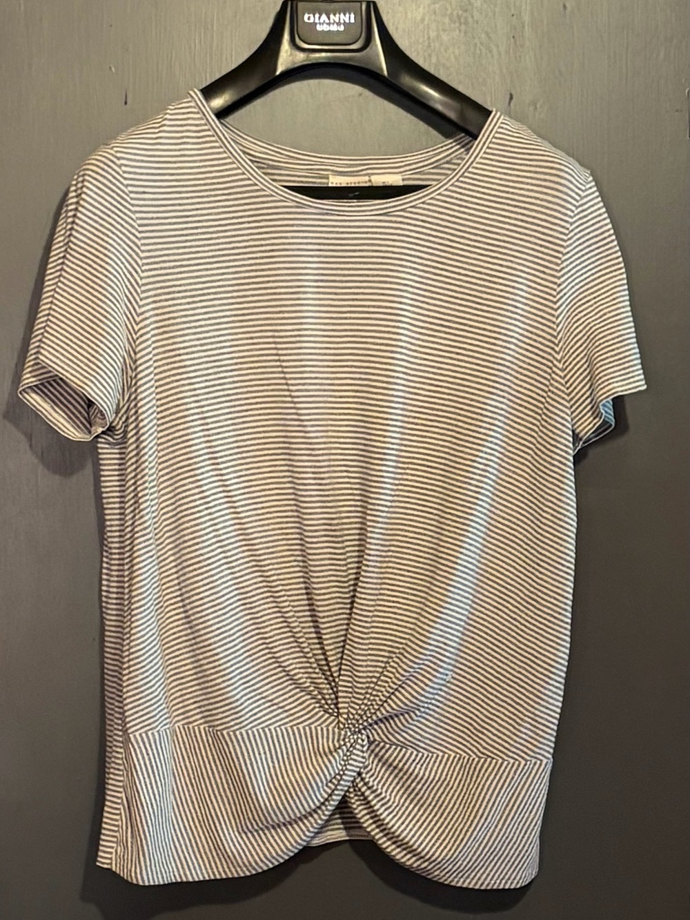 Max Studio Black & White Striped Knot-Front Short Sleeve Top